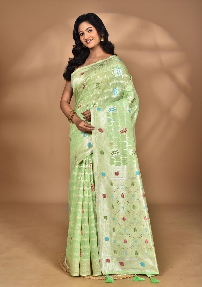 Light Green Chandari Silk Chandari Saree Set
