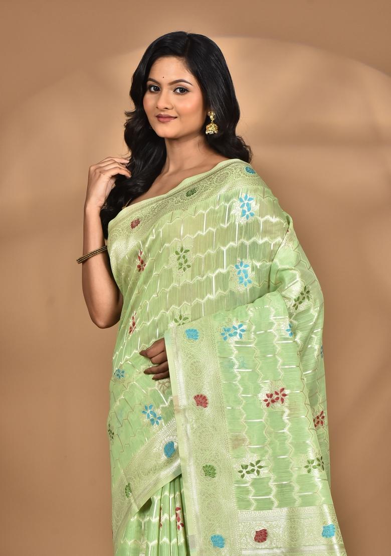 Light Green Chandari Silk Chandari Saree Set