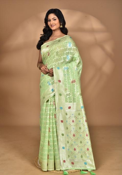 Light Green Chandari Silk Chandari Saree Set