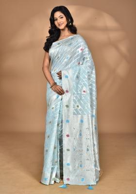 Sky Blue Chandari Silk Chandari Saree Set