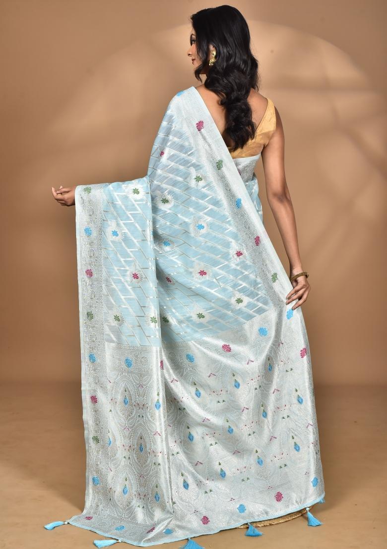 Sky Blue Chandari Silk Chandari Saree Set
