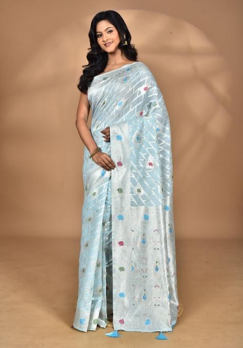 Sky Blue Chandari Silk Chandari Saree Set