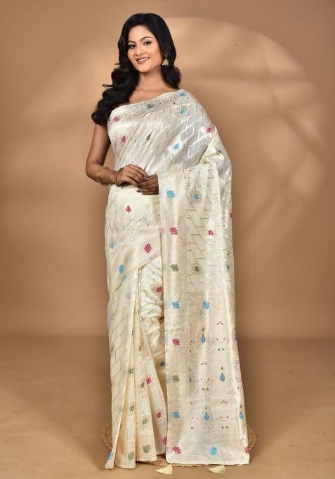 Cream Chandari Silk Chandari Saree Set