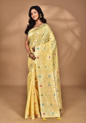 Light Yellow Chandari Silk Chandari Saree Set