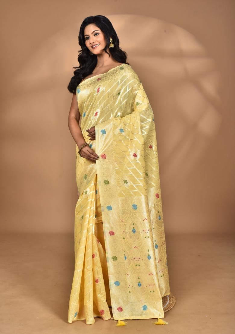 Light Yellow Chandari Silk Chandari Saree Set
