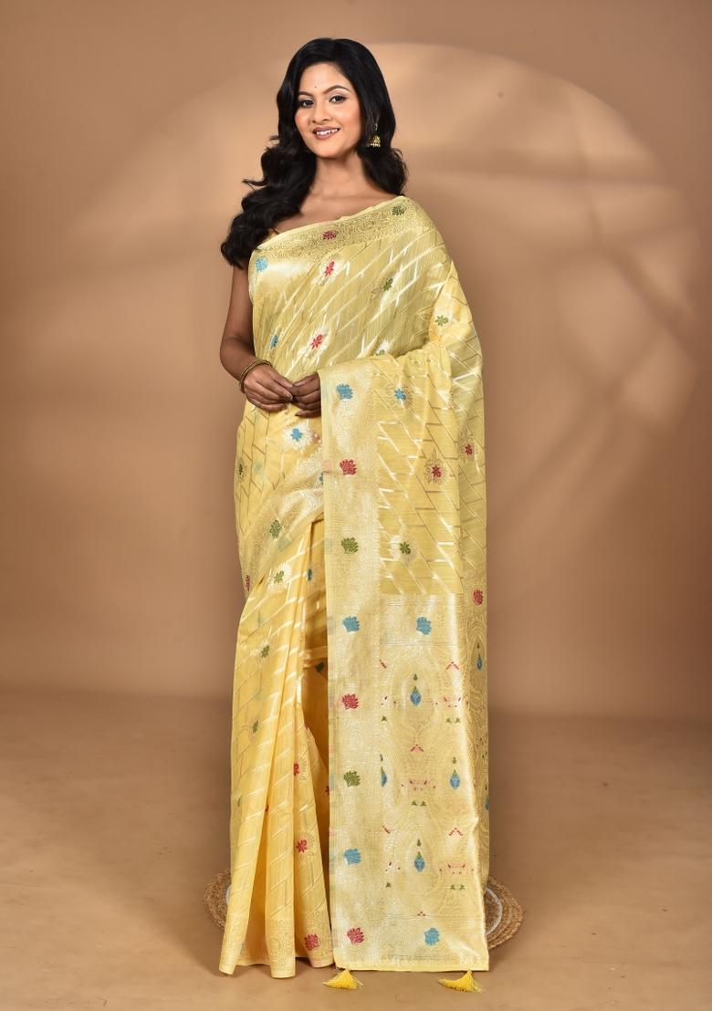Light Yellow Chandari Silk Chandari Saree Set
