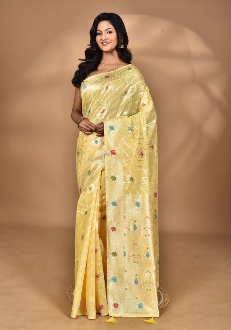 Light Yellow Chandari Silk Chandari Saree Set