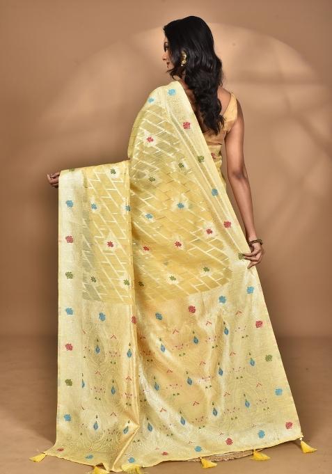 Light Yellow Chandari Silk Chandari Saree Set