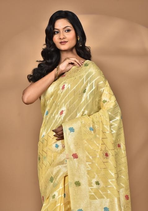 Light Yellow Chandari Silk Chandari Saree Set
