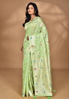 Light Green Chandari Silk Chandari Saree Set