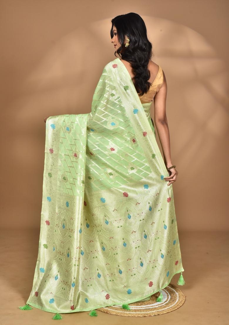Light Green Chandari Silk Chandari Saree Set