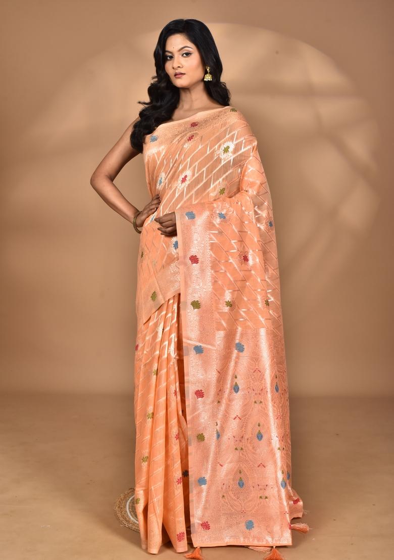 Peach Chandari Silk Chandari Saree Set