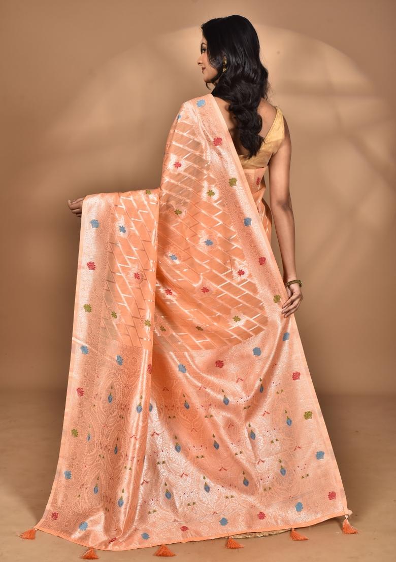Peach Chandari Silk Chandari Saree Set