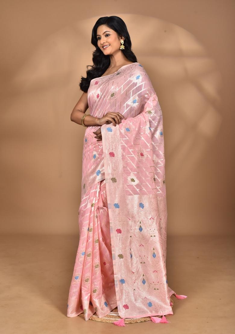 Pink Chandari Silk Chandari Saree Set