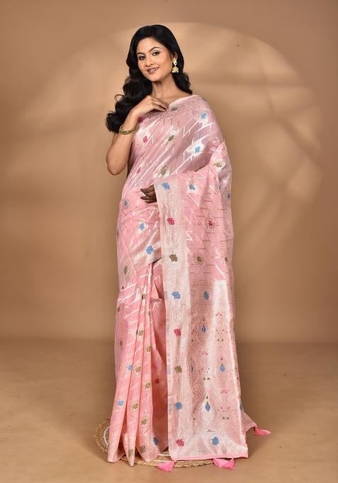 Pink Chandari Silk Chandari Saree Set