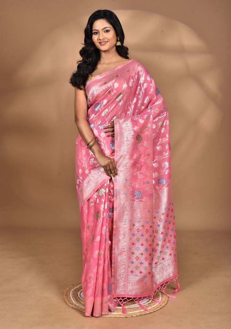 Pink Chandari Silk Chandari Saree Set
