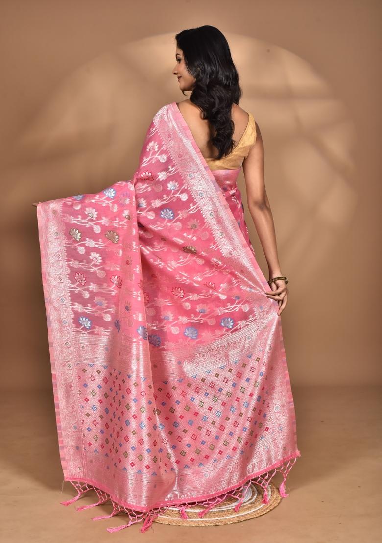 Pink Chandari Silk Chandari Saree Set