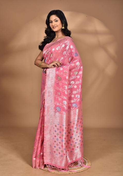 Pink Chandari Silk Chandari Saree Set