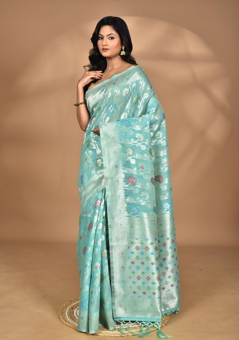 Sky Blue Chandari Silk Chandari Saree Set