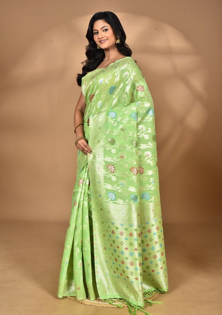Green Chandari Silk Chandari Saree Set