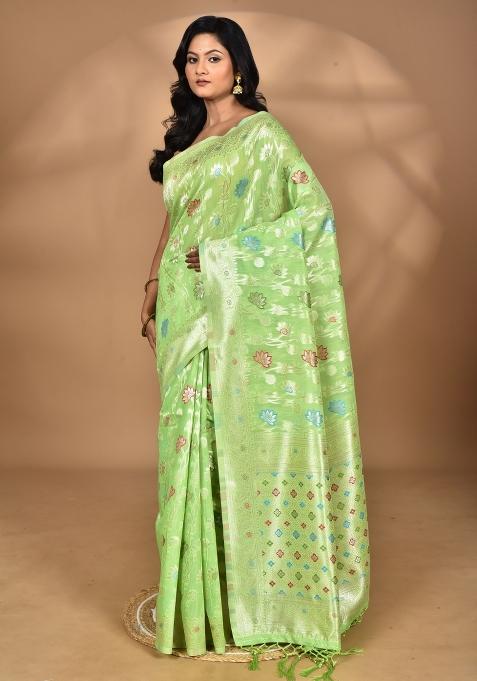 Green Chandari Silk Chandari Saree Set