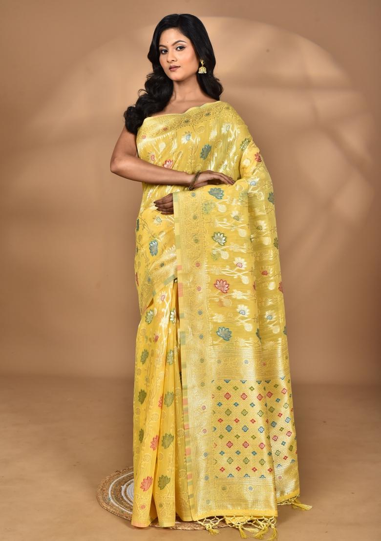 Light Yellow Chandari Silk Chandari Saree Set