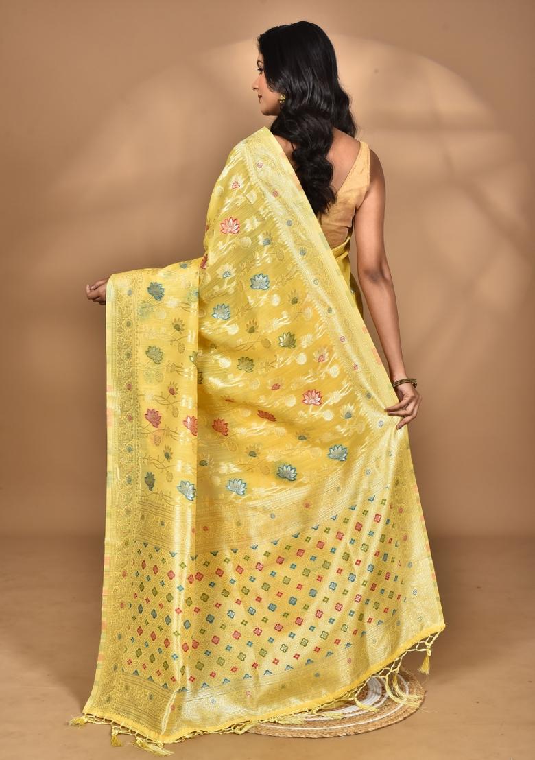 Light Yellow Chandari Silk Chandari Saree Set