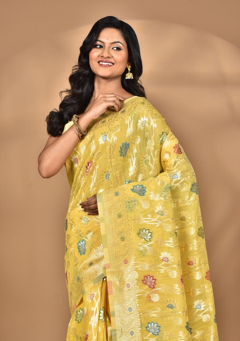 Light Yellow Chandari Silk Chandari Saree Set