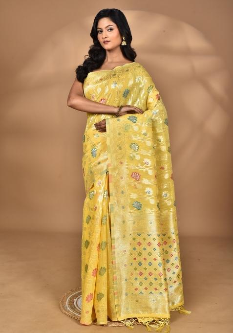 Light Yellow Chandari Silk Chandari Saree Set