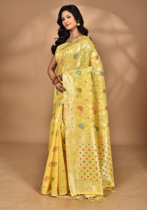 Light Yellow Chandari Silk Chandari Saree Set