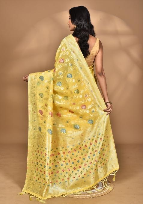 Light Yellow Chandari Silk Chandari Saree Set