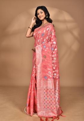 Peach Chandari Silk Chandari Saree Set