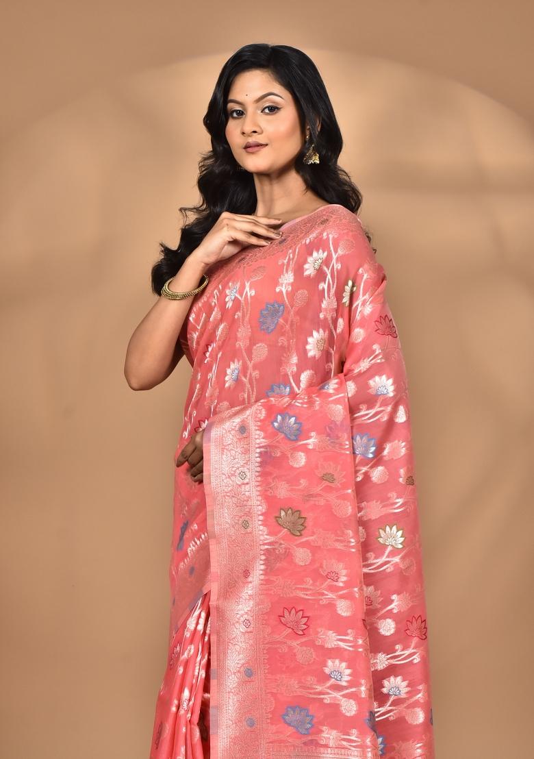 Peach Chandari Silk Chandari Saree Set