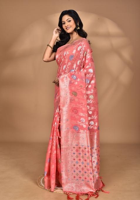 Peach Chandari Silk Chandari Saree Set