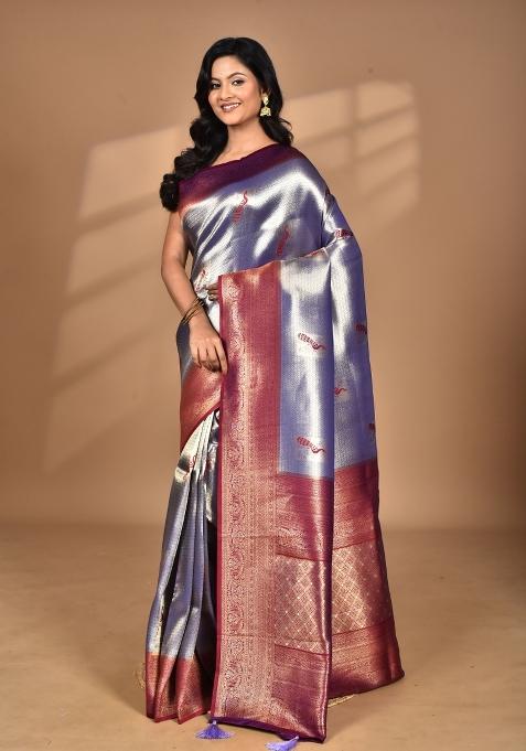 Purple Banarsi Silk Silk Saree Set