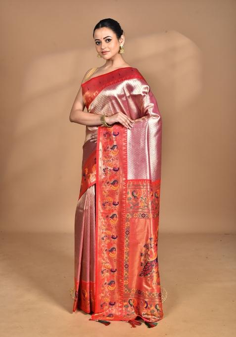Pink Banarsi Silk Silk Saree Set