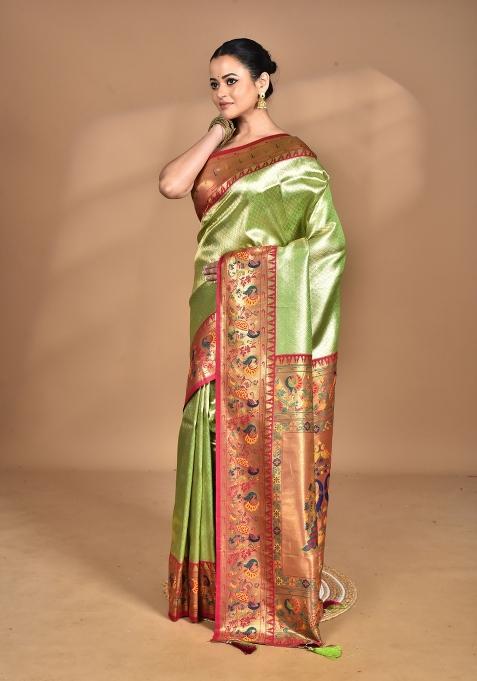 Light Green Banarsi Silk Silk Saree Set