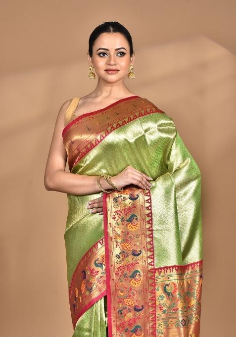 Light Green Banarsi Silk Silk Saree Set