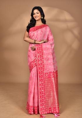 Pink Kashmiri Saree Linen Saree Set