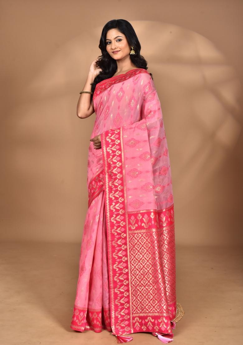 Pink Kashmiri Saree Linen Saree Set