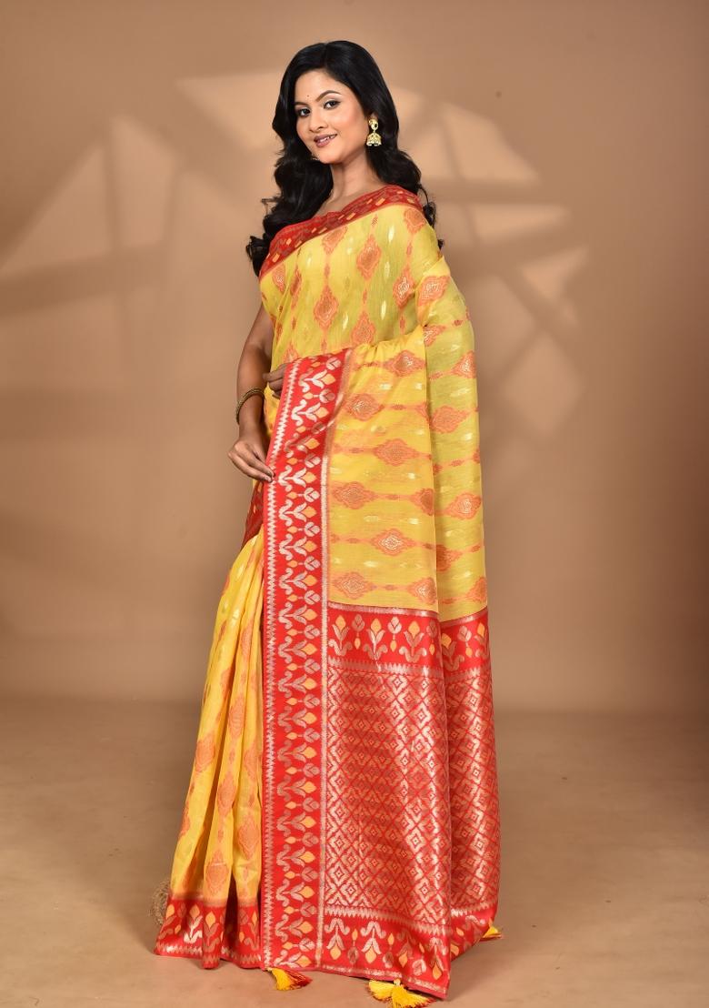 Yellow Kashmiri Saree Linen Saree Set