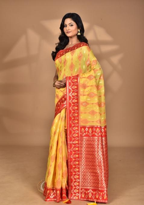 Yellow Kashmiri Saree Linen Saree Set