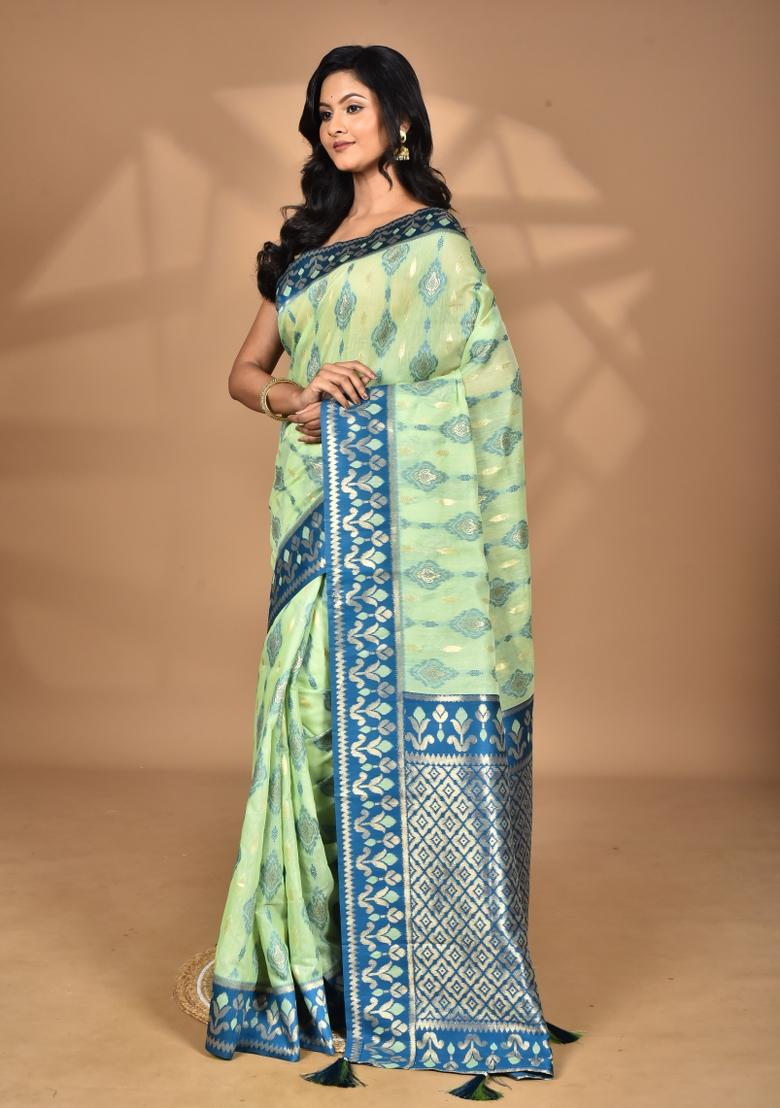 Light Green Kashmiri Saree Linen Saree Set