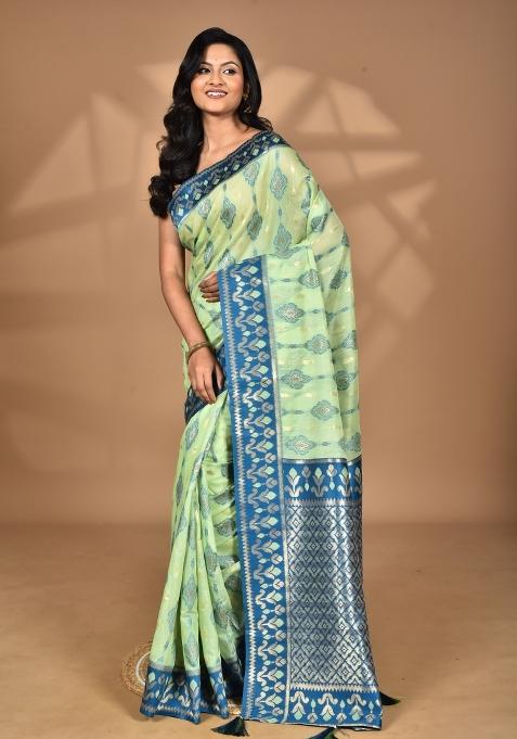 Light Green Kashmiri Saree Linen Saree Set