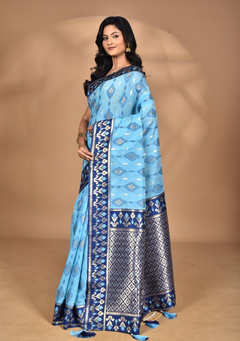 Sky Blue Kashmiri Saree Linen Saree Set
