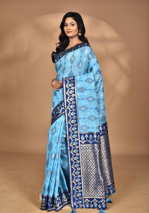 Sky Blue Kashmiri Saree Linen Saree Set
