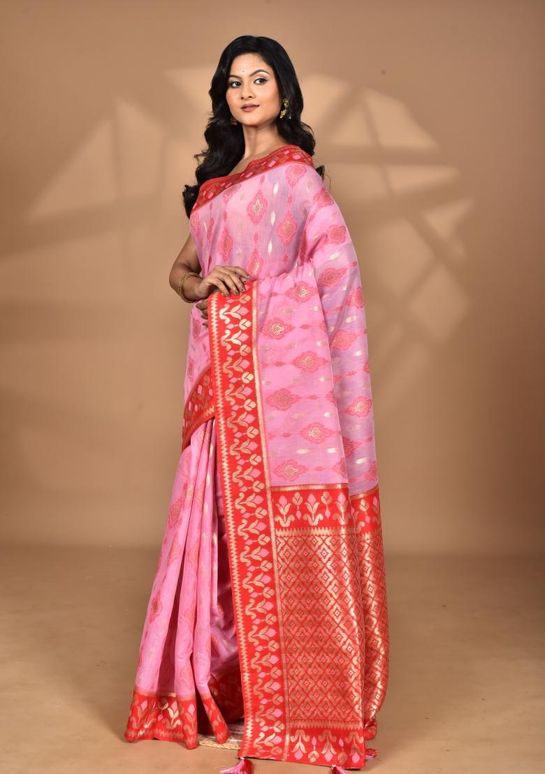 Light Pink Kashmiri Saree Linen Saree Set