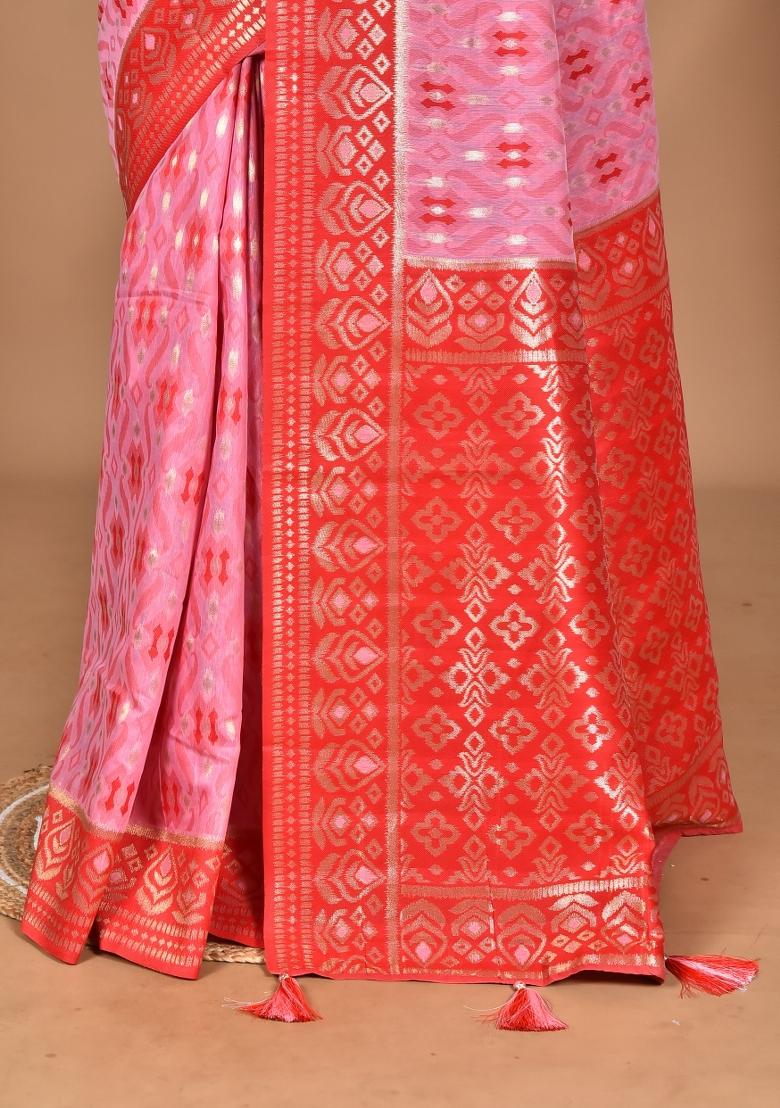 Light Pink Kashmiri Saree Linen Saree Set