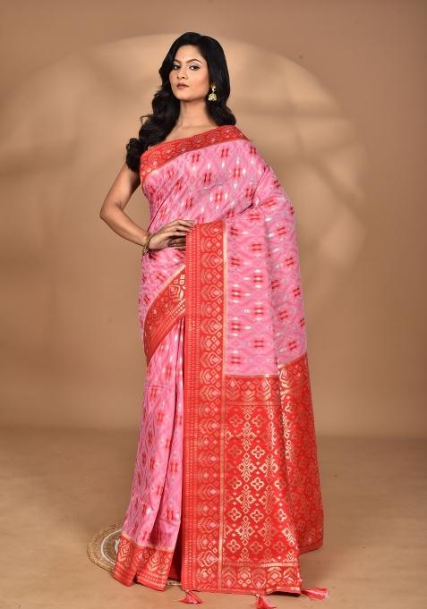 Light Pink Kashmiri Saree Linen Saree Set