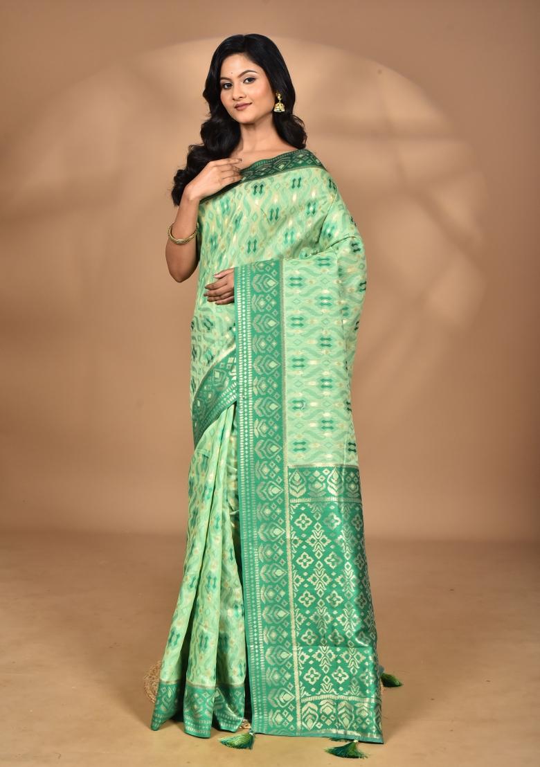 Light Green Kashmiri Saree Linen Saree Set